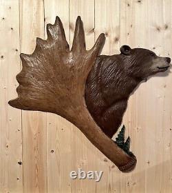 Hand Carved Chainsaw Grizzly Bear Sculpture Rustic Wall Art Antler Folk Art