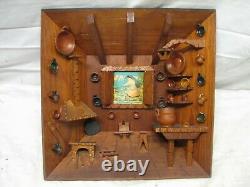 Hand Carved Country Log Cabin Kitchen Wooden Shadow Box Diorama Wood Folk Art