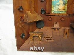 Hand Carved Country Log Cabin Kitchen Wooden Shadow Box Diorama Wood Folk Art