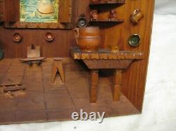 Hand Carved Country Log Cabin Kitchen Wooden Shadow Box Diorama Wood Folk Art