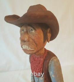 Hand Carved Cowboy Wood Figure Folk Art Sculpture Signed Jack Johnson 1994