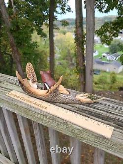 Hand Carved Deer Antler Morel Mushroom chipmunk Shed Carving Folk Art Elk Moose