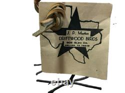 Hand Carved Driftwood Sculpture Bird on Steel Legs by James P. Morton