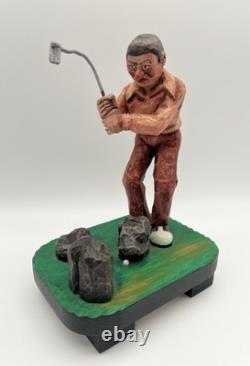 Hand Carved Expressive Disgruntled Golfer Folk Art Statue 9 Signed 1978 Vintage