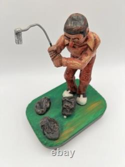 Hand Carved Expressive Disgruntled Golfer Folk Art Statue 9 Signed 1978 Vintage