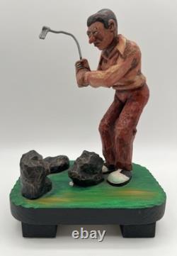 Hand Carved Expressive Disgruntled Golfer Folk Art Statue 9 Signed 1978 Vintage