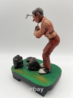 Hand Carved Expressive Disgruntled Golfer Folk Art Statue 9 Signed 1978 Vintage