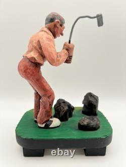 Hand Carved Expressive Disgruntled Golfer Folk Art Statue 9 Signed 1978 Vintage