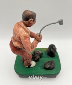 Hand Carved Expressive Disgruntled Golfer Folk Art Statue 9 Signed 1978 Vintage