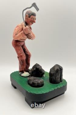 Hand Carved Expressive Disgruntled Golfer Folk Art Statue 9 Signed 1978 Vintage