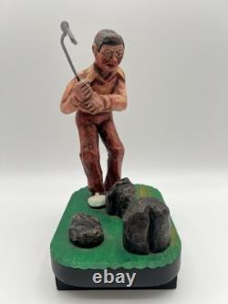 Hand Carved Expressive Disgruntled Golfer Folk Art Statue 9 Signed 1978 Vintage