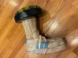 Hand-Carved Folk Art Wood Footstool w SNEAKER SHOE STOOL AGE UNKNOWN WOW