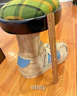 Hand-Carved Folk Art Wood Footstool w SNEAKER SHOE STOOL AGE UNKNOWN WOW