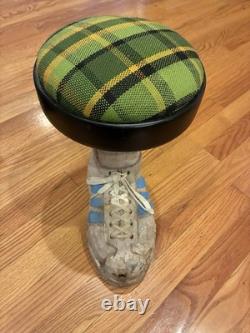 Hand-Carved Folk Art Wood Footstool w SNEAKER SHOE STOOL AGE UNKNOWN WOW
