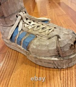 Hand-Carved Folk Art Wood Footstool w SNEAKER SHOE STOOL AGE UNKNOWN WOW