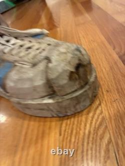 Hand-Carved Folk Art Wood Footstool w SNEAKER SHOE STOOL AGE UNKNOWN WOW