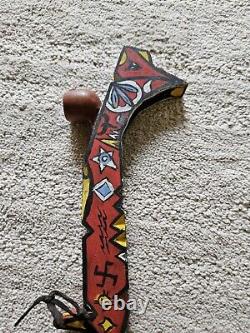 Hand Carved Folk Art Wood Indian Peace Pipe Bright Colors Designs Geometric