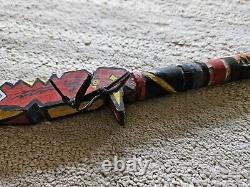 Hand Carved Folk Art Wood Indian Peace Pipe Bright Colors Designs Geometric
