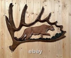 Hand Carved Mountain Lion Sculpture Rustic Wall Log Antler Chainsaw Folk Art