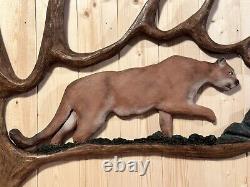 Hand Carved Mountain Lion Sculpture Rustic Wall Log Antler Chainsaw Folk Art