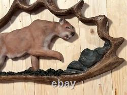 Hand Carved Mountain Lion Sculpture Rustic Wall Log Antler Chainsaw Folk Art