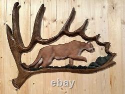 Hand Carved Mountain Lion Sculpture Rustic Wall Log Antler Chainsaw Folk Art