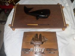 Hand Carved Old Wooden FOLK Whale Art Both! 10 X 18.5 & 8 X 10