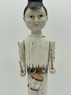 Hand Carved Painted Folk Art Soldier Drummer Boy Sculpture Statue Shabby Chic