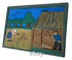 Hand Carved & Painted Relief Wood Panel Wall Hanging Signed P Szatkowski 17x12