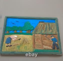Hand Carved & Painted Relief Wood Panel Wall Hanging Signed P Szatkowski 17x12