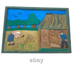 Hand Carved & Painted Relief Wood Panel Wall Hanging Signed P Szatkowski 17x12