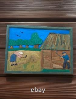 Hand Carved & Painted Relief Wood Panel Wall Hanging Signed P Szatkowski 17x12