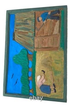 Hand Carved & Painted Relief Wood Panel Wall Hanging Signed P Szatkowski 17x12
