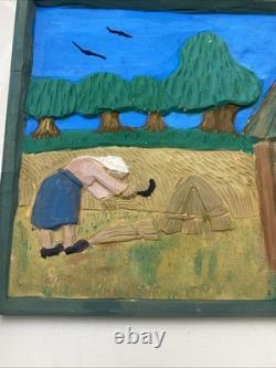 Hand Carved & Painted Relief Wood Panel Wall Hanging Signed P Szatkowski 17x12