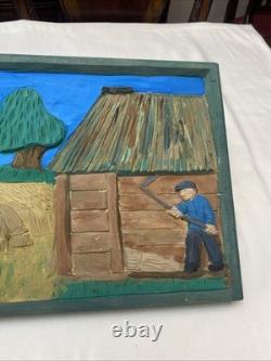 Hand Carved & Painted Relief Wood Panel Wall Hanging Signed P Szatkowski 17x12
