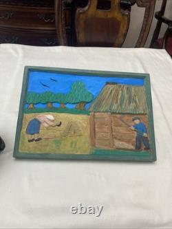 Hand Carved & Painted Relief Wood Panel Wall Hanging Signed P Szatkowski 17x12