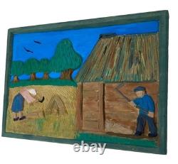 Hand Carved & Painted Relief Wood Panel Wall Hanging Signed P Szatkowski 17x12