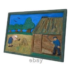 Hand Carved & Painted Relief Wood Panel Wall Hanging Signed P Szatkowski 17x12