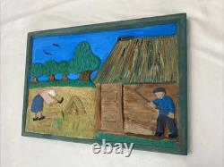 Hand Carved & Painted Relief Wood Panel Wall Hanging Signed P Szatkowski 17x12