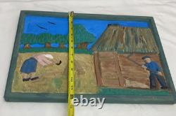 Hand Carved & Painted Relief Wood Panel Wall Hanging Signed P Szatkowski 17x12