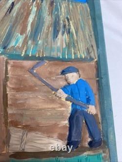 Hand Carved & Painted Relief Wood Panel Wall Hanging Signed P Szatkowski 17x12