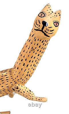 Hand Carved/Painted Wood Oaxaca Animal/Cheetah/Cat, Arturo Lopes 13 Naive Vtg