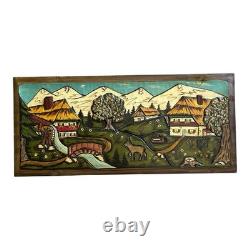 Hand Carved Painted Wood Relief Panel Alpine Village Scene Folk Art 42x19.5