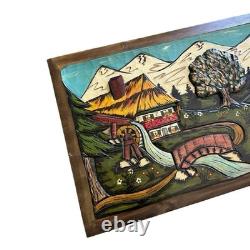 Hand Carved Painted Wood Relief Panel Alpine Village Scene Folk Art 42x19.5