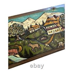 Hand Carved Painted Wood Relief Panel Alpine Village Scene Folk Art 42x19.5