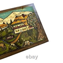 Hand Carved Painted Wood Relief Panel Alpine Village Scene Folk Art 42x19.5