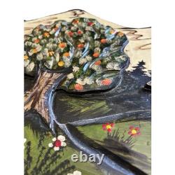 Hand Carved Painted Wood Relief Panel Alpine Village Scene Folk Art 42x19.5