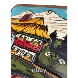 Hand Carved Painted Wood Relief Panel Alpine Village Scene Folk Art 42x19.5