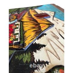 Hand Carved Painted Wood Relief Panel Alpine Village Scene Folk Art 42x19.5