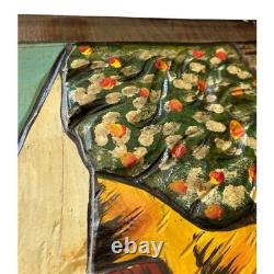 Hand Carved Painted Wood Relief Panel Alpine Village Scene Folk Art 42x19.5